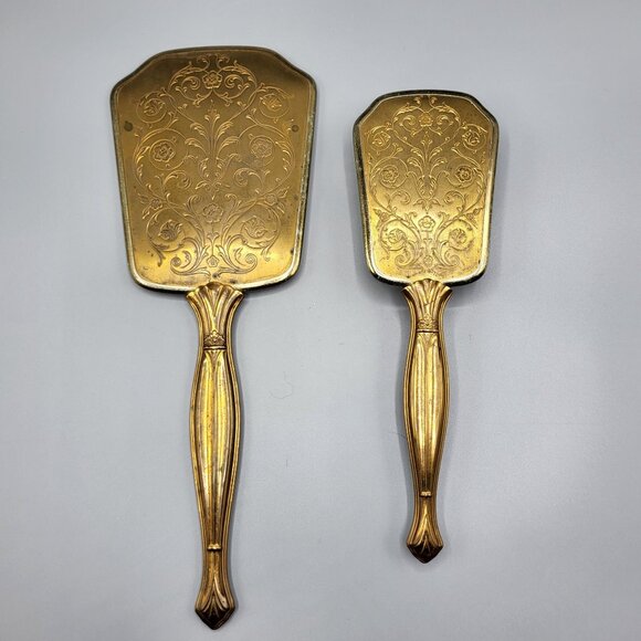 Vintage Vanity Mirror & Brush Set With Ornate Gold Finish Womens Dresser Set - Picture 2 of 10